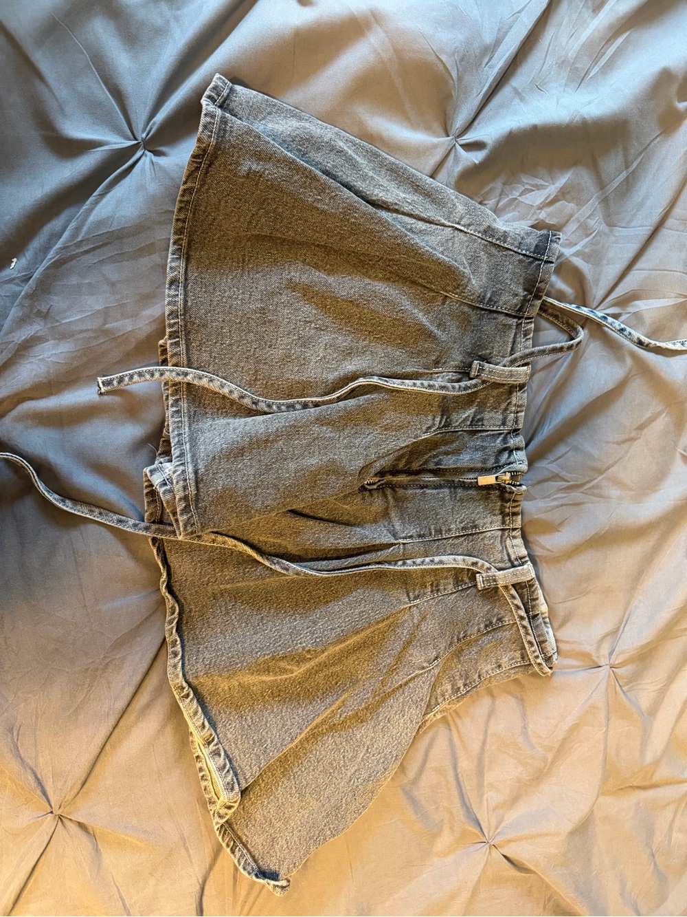 High-Waist Gray Denim Skorts with Tie Waist